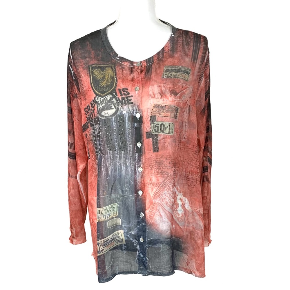 Bella Amore Women Tunic Blouse Rhinestone Graphic Boho Street Art Size L Approx
